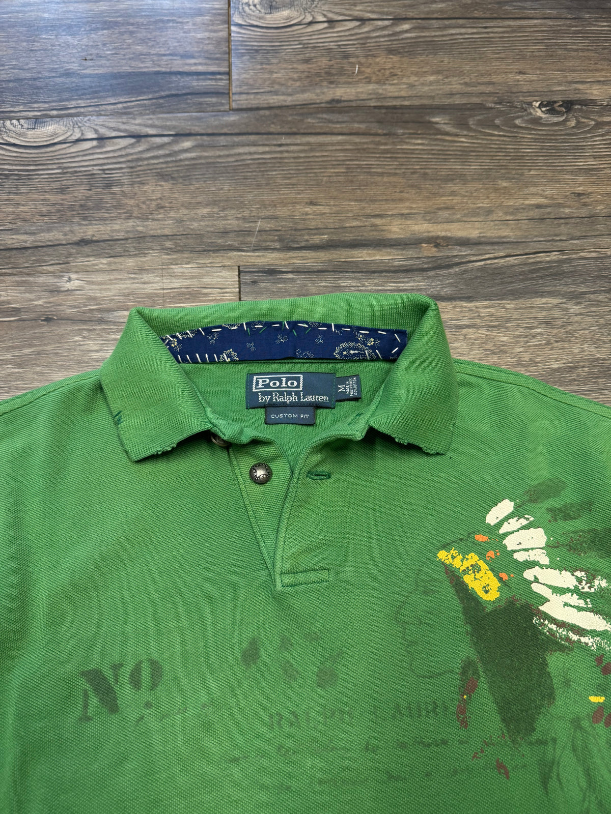 POLO RALPH LAUREN STENCIL NATIVE AMERICAN LUCKY GREEN POLO SHIRT (M)